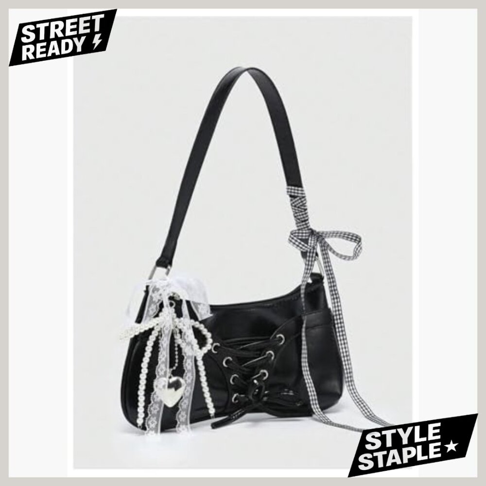 Vintage Y2K Shoulder Bag with Bow Lace PU Leather Handbag - Picture 4 of 5